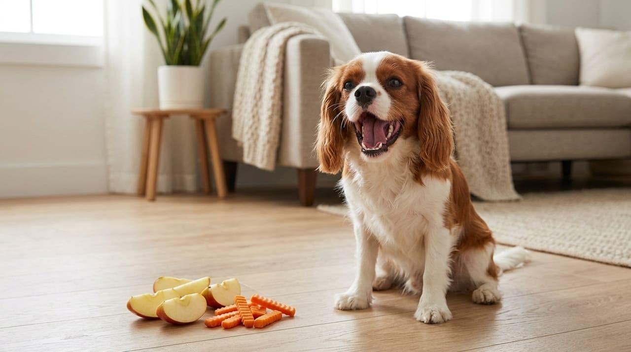 O uso de alimentos naturais como a maçã e a cenoura auxilia na remoção mecânica da placa bacteriana e refresca o hálito do seu pet.