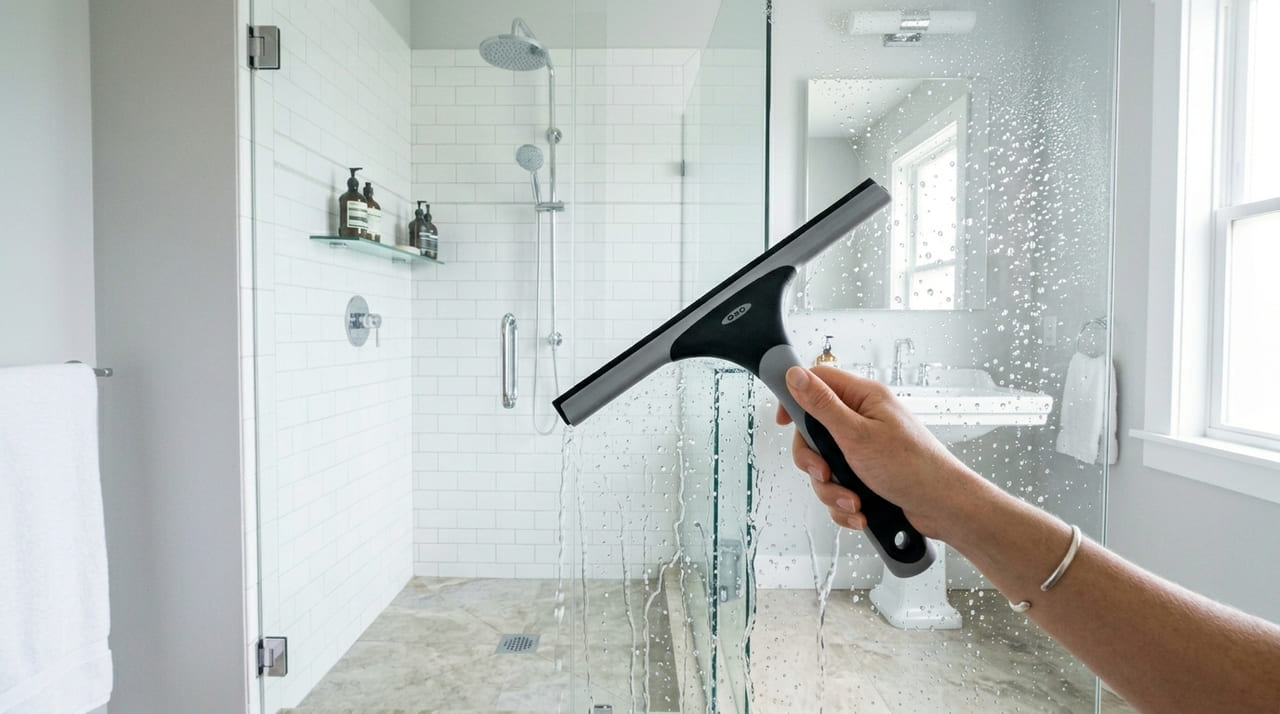 O uso do rodo de silicone remove a umidade e impede a formação de manchas de calcificação no banheiro.