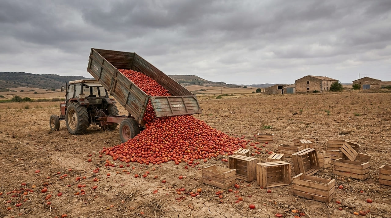 A desvalorização do tomate na Espanha força produtores a descartar safras inteiras para evitar prejuízos maiores.