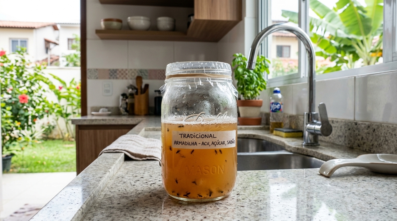 A combinação de vinagre e detergente cria uma solução natural eficiente para manter insetos longe das superfícies de preparo alimentar.