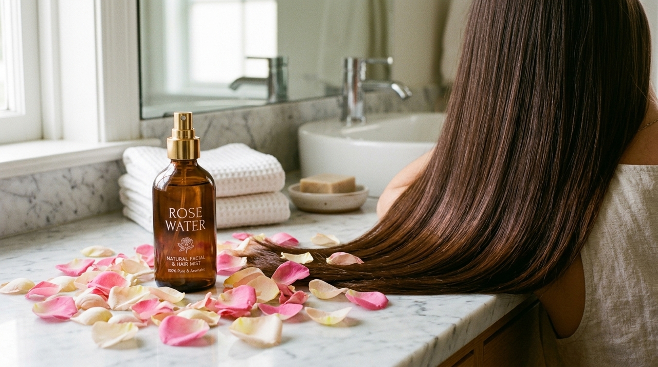 A água de rosas atua como um selante natural que elimina o frizz e garante brilho instantâneo aos fios.