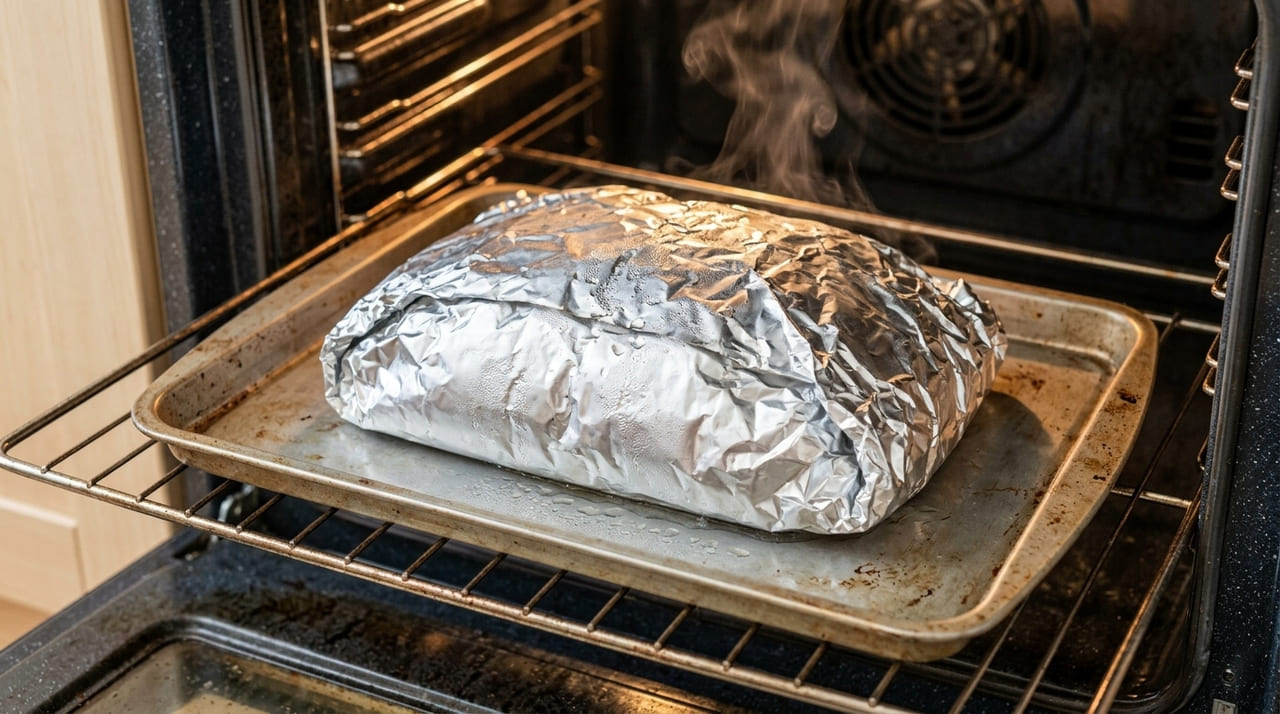 O lado brilhante voltado para o alimento reflete o calor e preserva a umidade natural da carne.