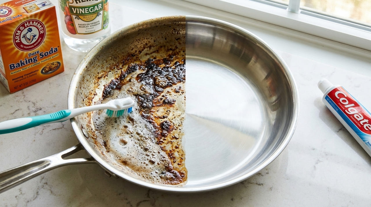 O uso da pasta de dente ajuda a remover a gordura encrustada e devolve o brilho original aos utensílios.