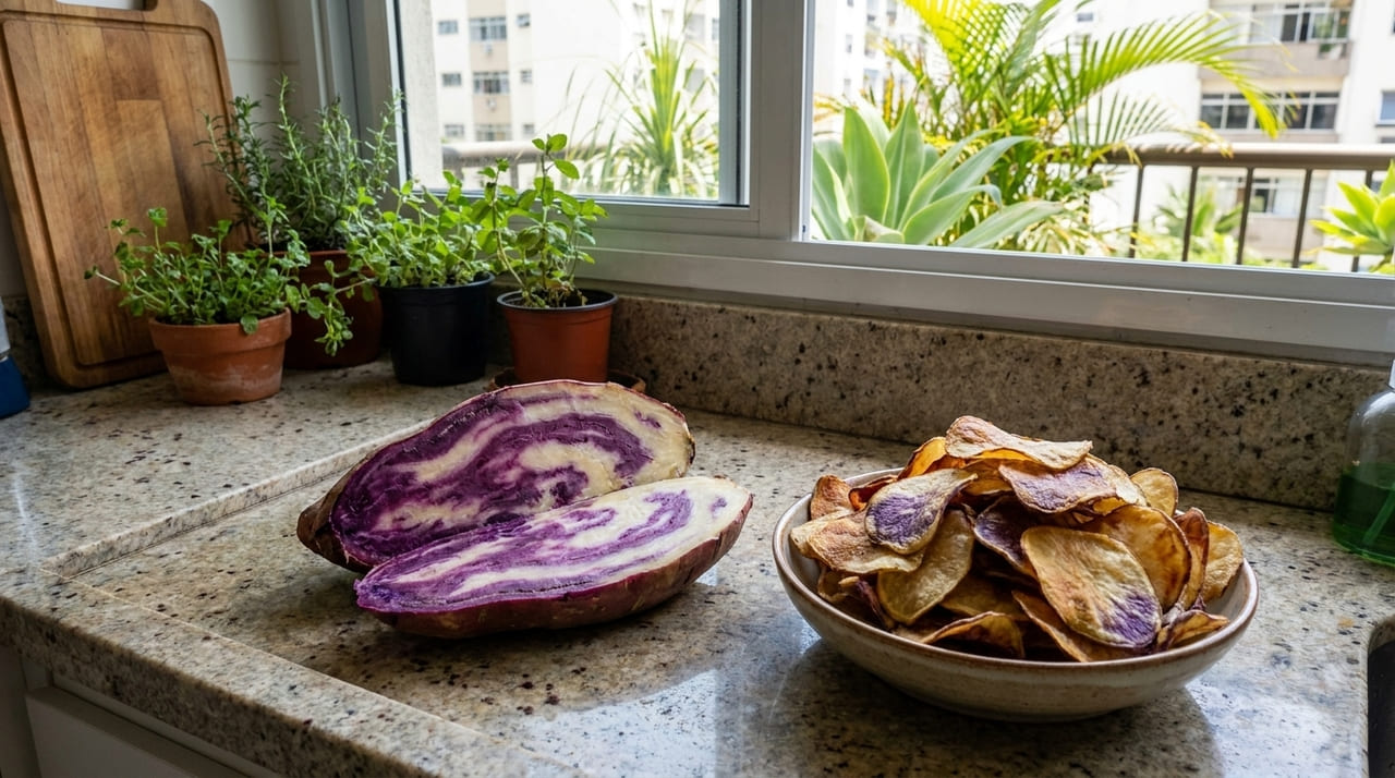 A batata roxa Atsegiñe combina alto valor nutricional com resistência natural a pragas no campo.