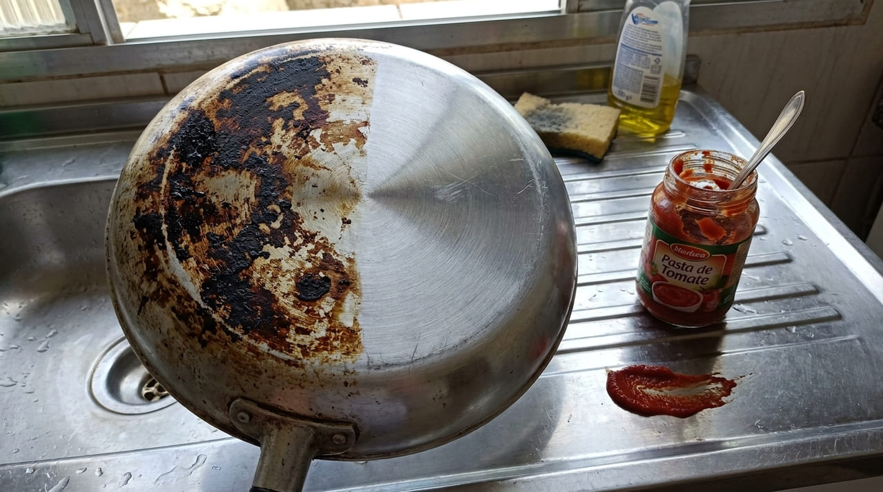Se você queimou o fundo da frigideira passe um pouco de extrato de tomate nela e perceba como cuidar da casa fica muito mais fácil