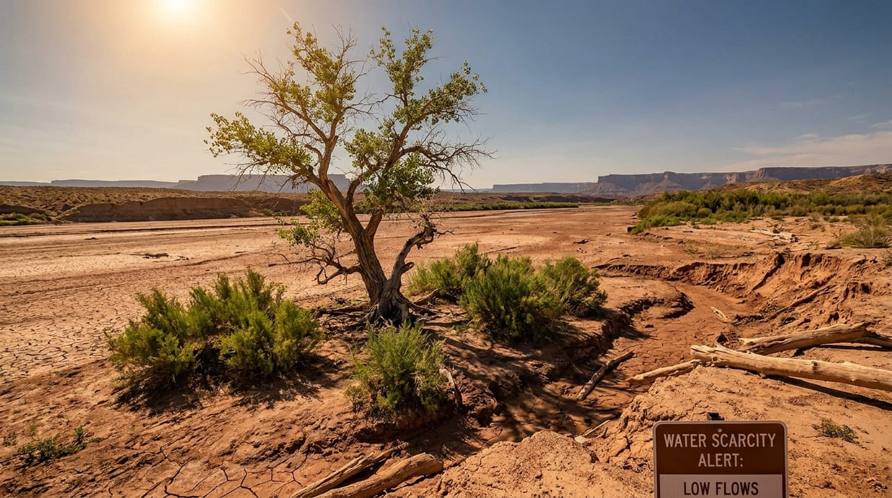 A vegetação nativa consome reservas subterrâneas para sobreviver ao calor extremo e reduz o fluxo dos rios.