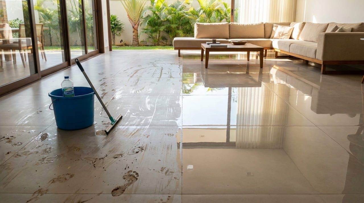 Substituir produtos abrasivos por detergente neutro é o segredo para manter o aspecto espelhado do porcelanato.