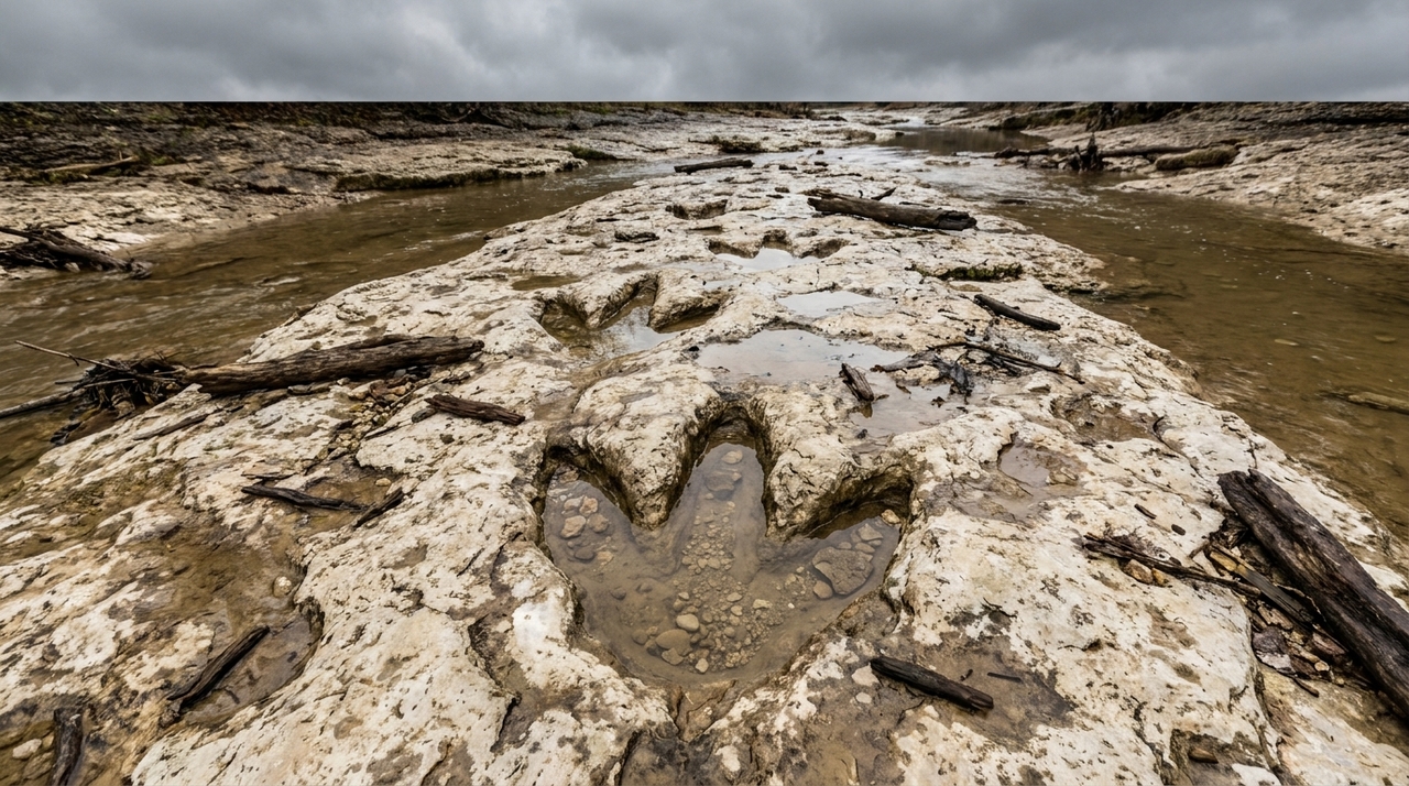 Chuvas severas no Texas removeram sedimentos e expuseram pegadas de dinossauros preservadas no calcário há milhões de anos.