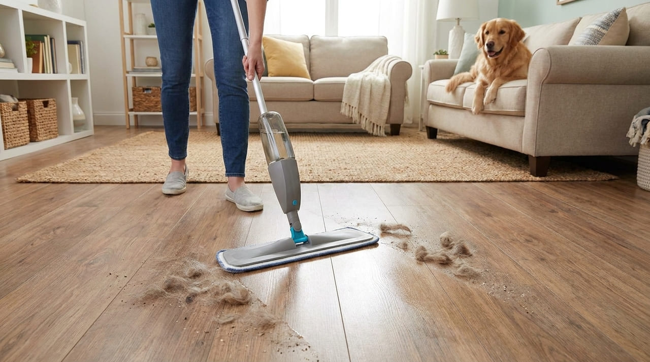 O uso do mop spray facilita a remoção de pelos e poeira sem espalhar sujeira pelo ar.