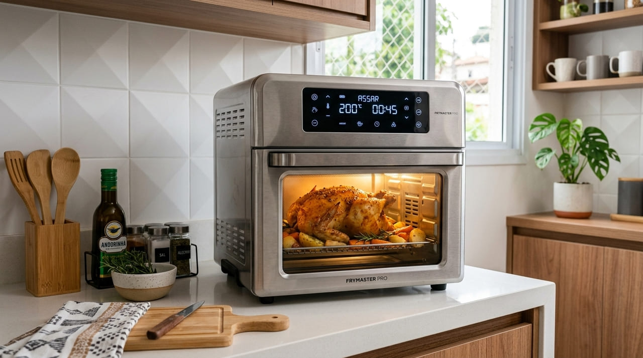 O forno air fryer multifuncional otimiza o espaço da bancada ao centralizar diversos preparos em um único eletrodoméstico moderno.