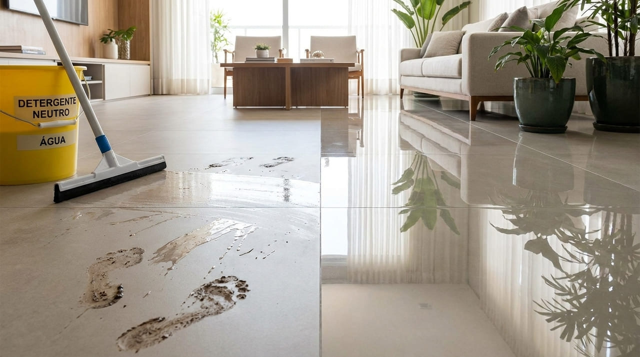 O uso de sabão em pó cria uma película opaca que remove o brilho natural do piso cerâmico.