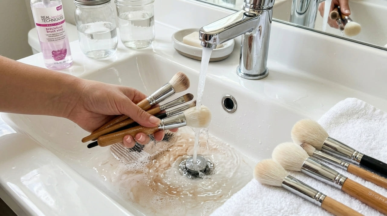 Lavar as cerdas semanalmente elimina o acúmulo de bactérias e previne o surgimento da acne cosmética no rosto.