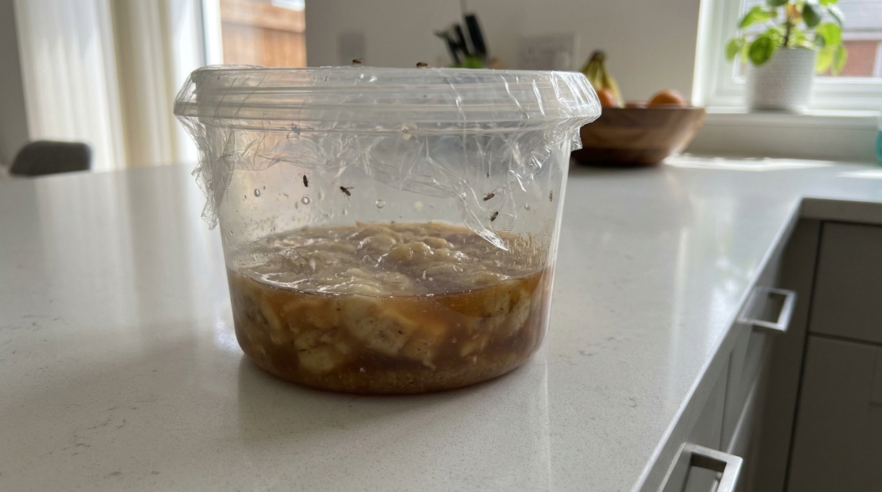 A combinação de banana madura e cerveja cria uma isca natural eficiente para eliminar moscas-das-frutas sem o uso de produtos químicos.