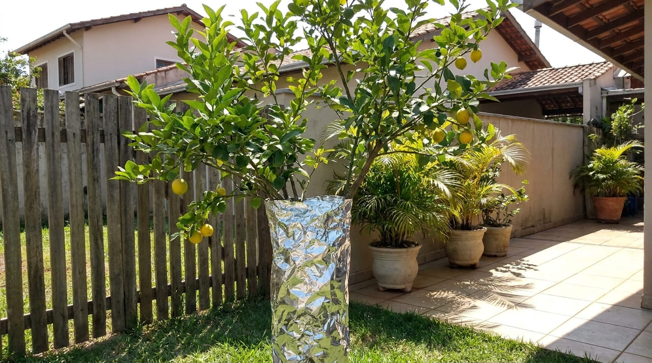 A barreira física de alumínio evita o escaldão solar e preserva a energia da planta para futuras colheitas.