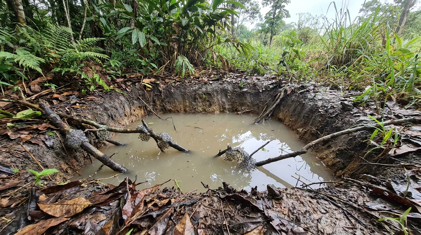 A ausência de peixes e a presença de materiais orgânicos garantem um ambiente seguro para o desenvolvimento de girinos.