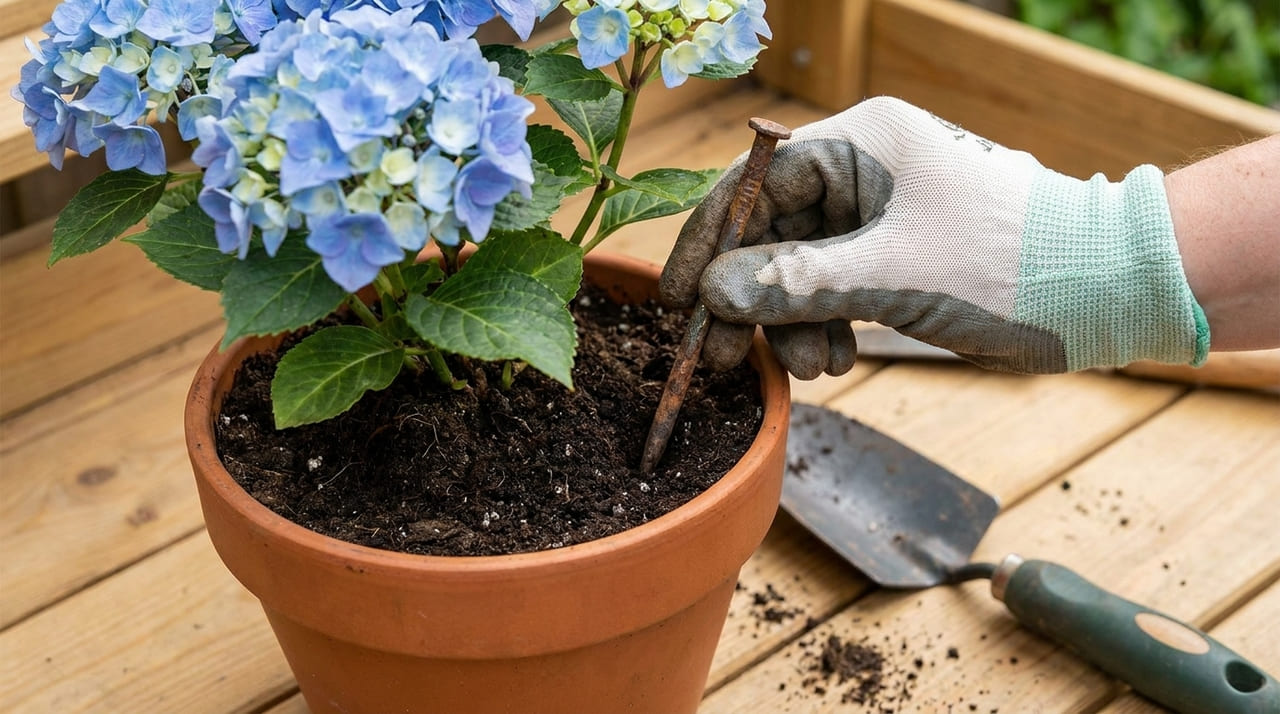 Ao enterrar esse pequeno objeto metálico perto das raízes, você fornece um elemento essencial para a terra e devolve a coloração vibrante que a planta costumava ostentar.