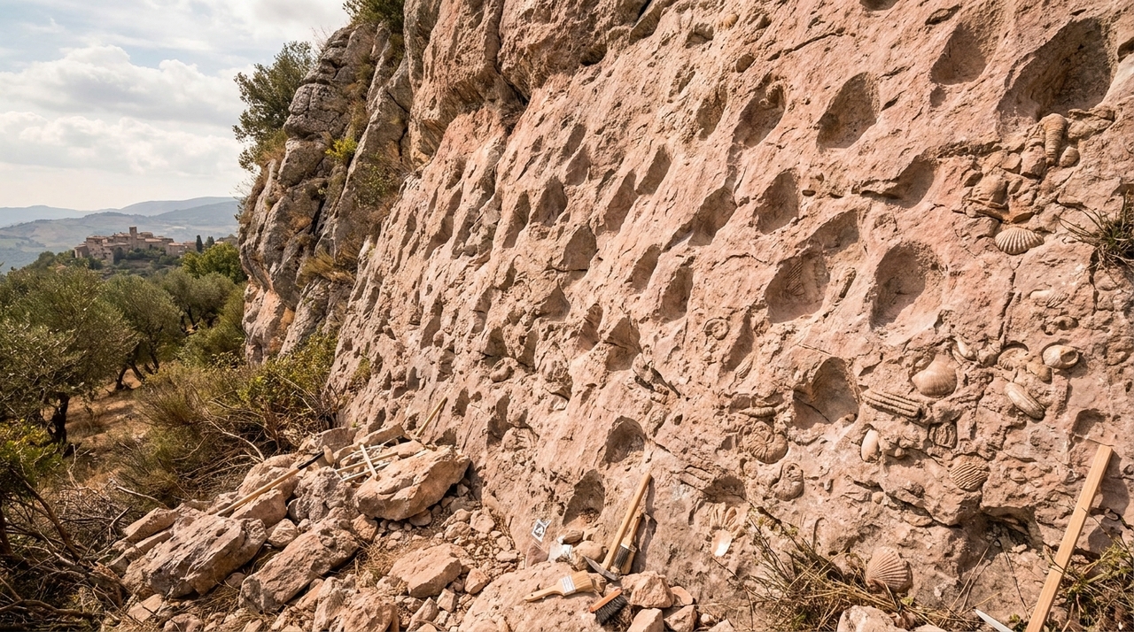O mapeamento de duzentos metros quadrados nas falésias da Itália identificou marcas de nadadeiras preservadas por uma avalanche de lama carbonática.
