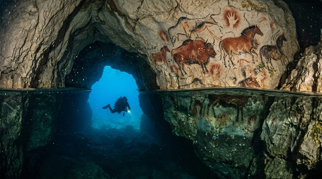 A gruta Cosquer preserva artes rupestres raras que retratam a vida durante a última glaciação.