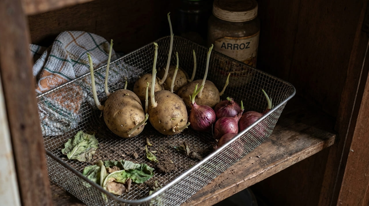 A separação correta entre batatas e cebolas evita que o gás etileno acelere o brotamento e o desperdício dos vegetais.
