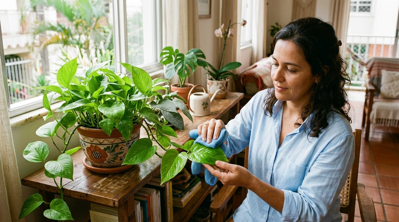 A remoção da poeira das folhas permite que a planta respire adequadamente e realize a fotossíntese com eficiência.