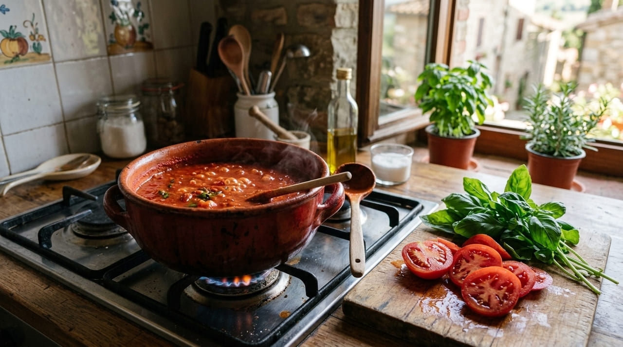 A escolha de tomates maduros e o cozimento lento garantem um molho encorpado com sabor profissional.
