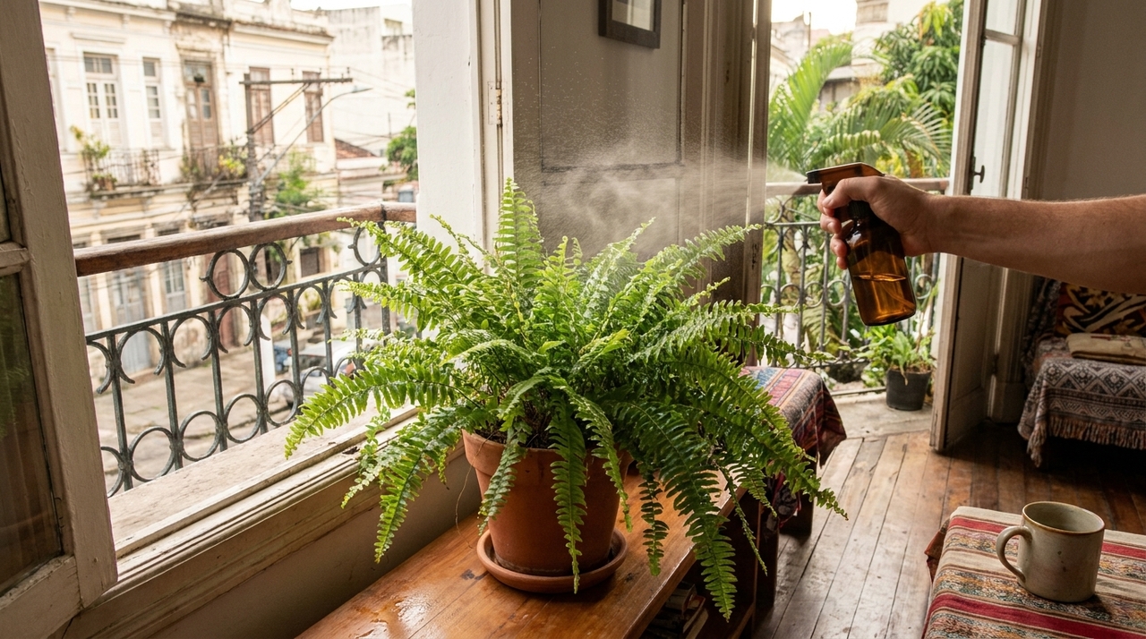 A pulverização constante das frondes com uma névoa suave garante a hidratação necessária para enfrentar dias de clima seco.