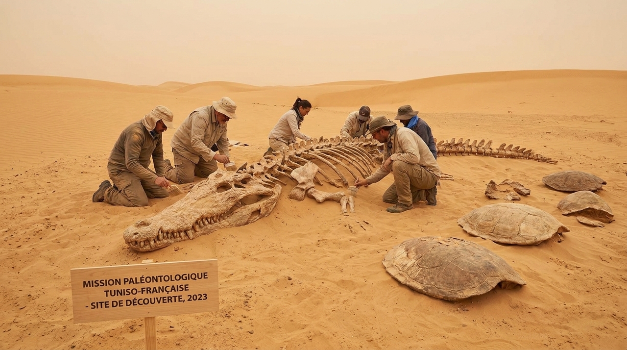 Descoberto na Tunísia, o gigante crocodilo marinho de dez metros possuía uma mordida potente adaptada para esmagar carapaças de tartarugas.