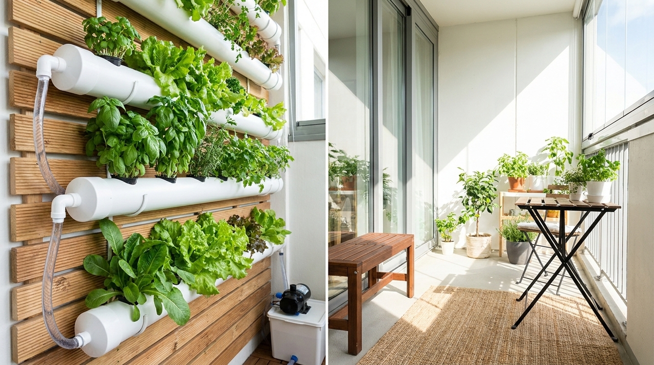 O cultivo hidropônico permite colher alimentos frescos diretamente da água sem a necessidade de manusear terra no apartamento.