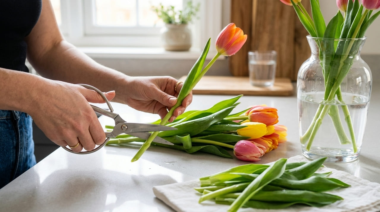 O corte diagonal das hastes garante que a estrutura vascular das tulipas permaneça aberta para uma absorção contínua de água.