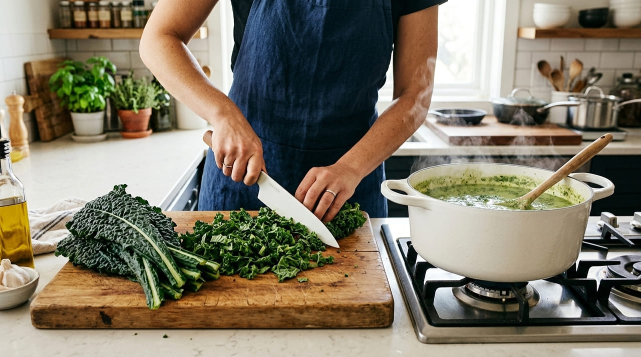 O corte manual com materiais não metálicos mantém a cor vibrante e a integridade nutricional das folhas verdes.