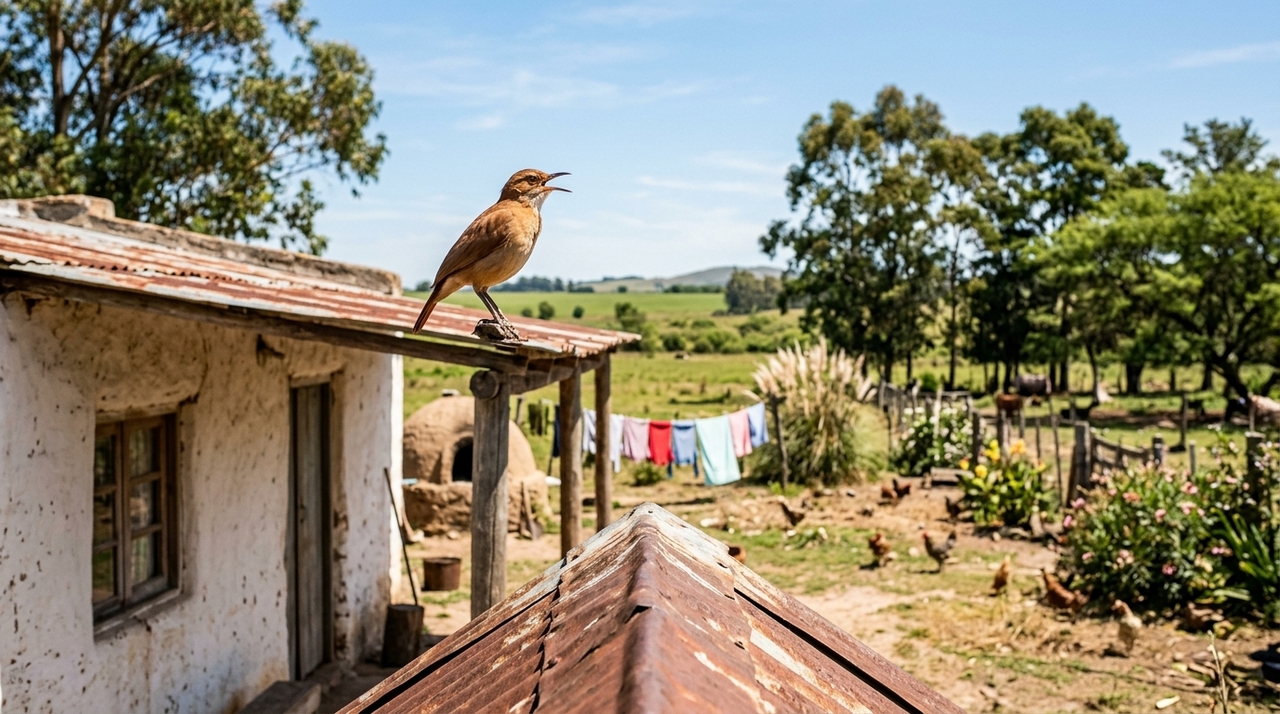 O canto do joão-de-barro é forte, acelerado e rítmico, lembrando uma risada curta que cresce em intensidade.