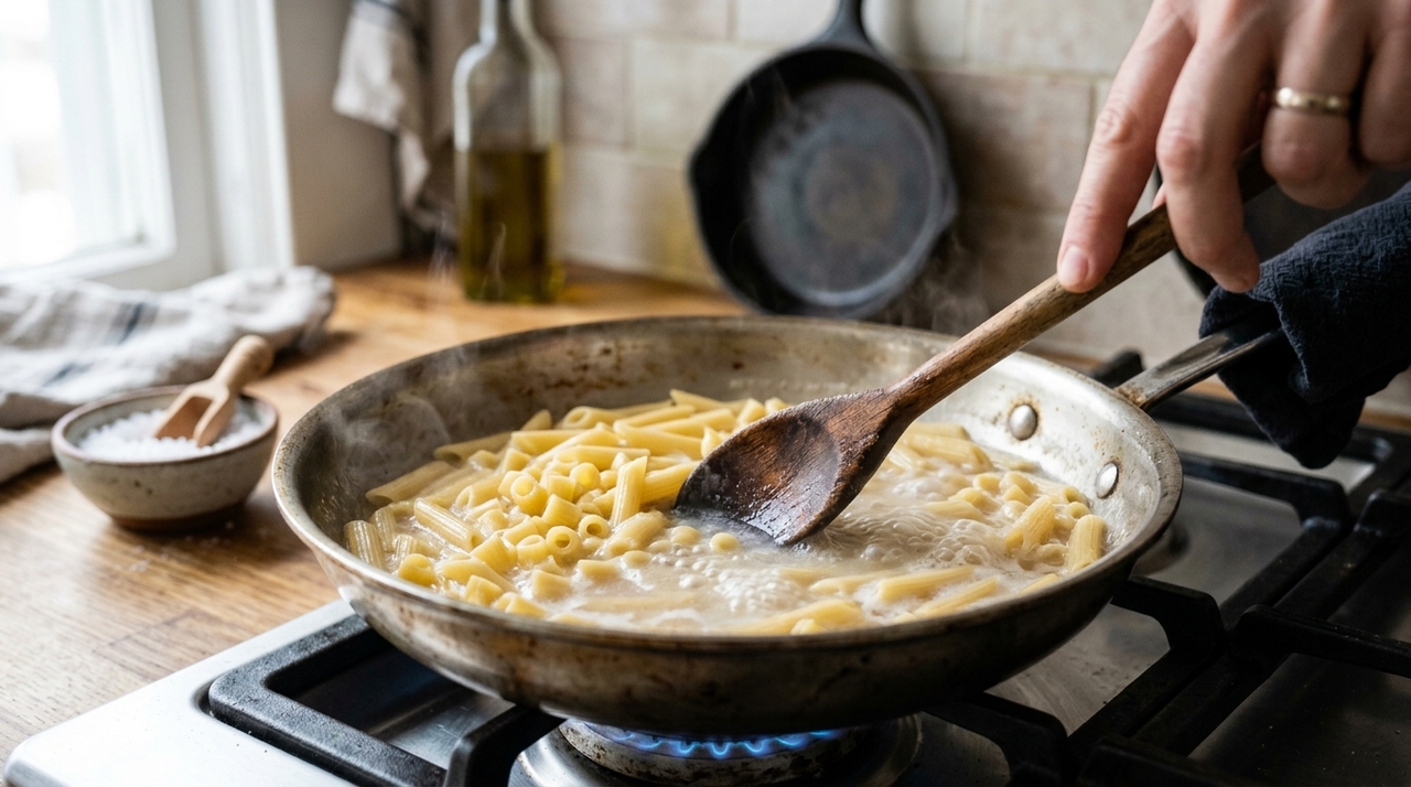 O método é simples: coloque a massa seca em uma frigideira larga, cubra com água fria, adicione sal e ligue o fogo.