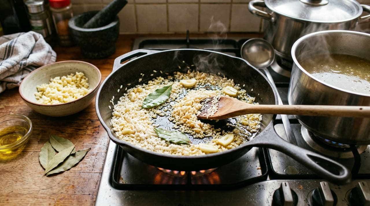 Caldo de frango, de legumes ou qualquer caldo caseiro bem temperado substituem a água sem complicar o preparo.