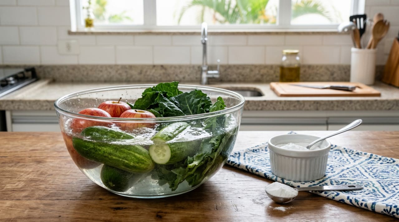Por que devemos sempre adicionar bicarbonato à água ao lavar as frutas e verduras?
