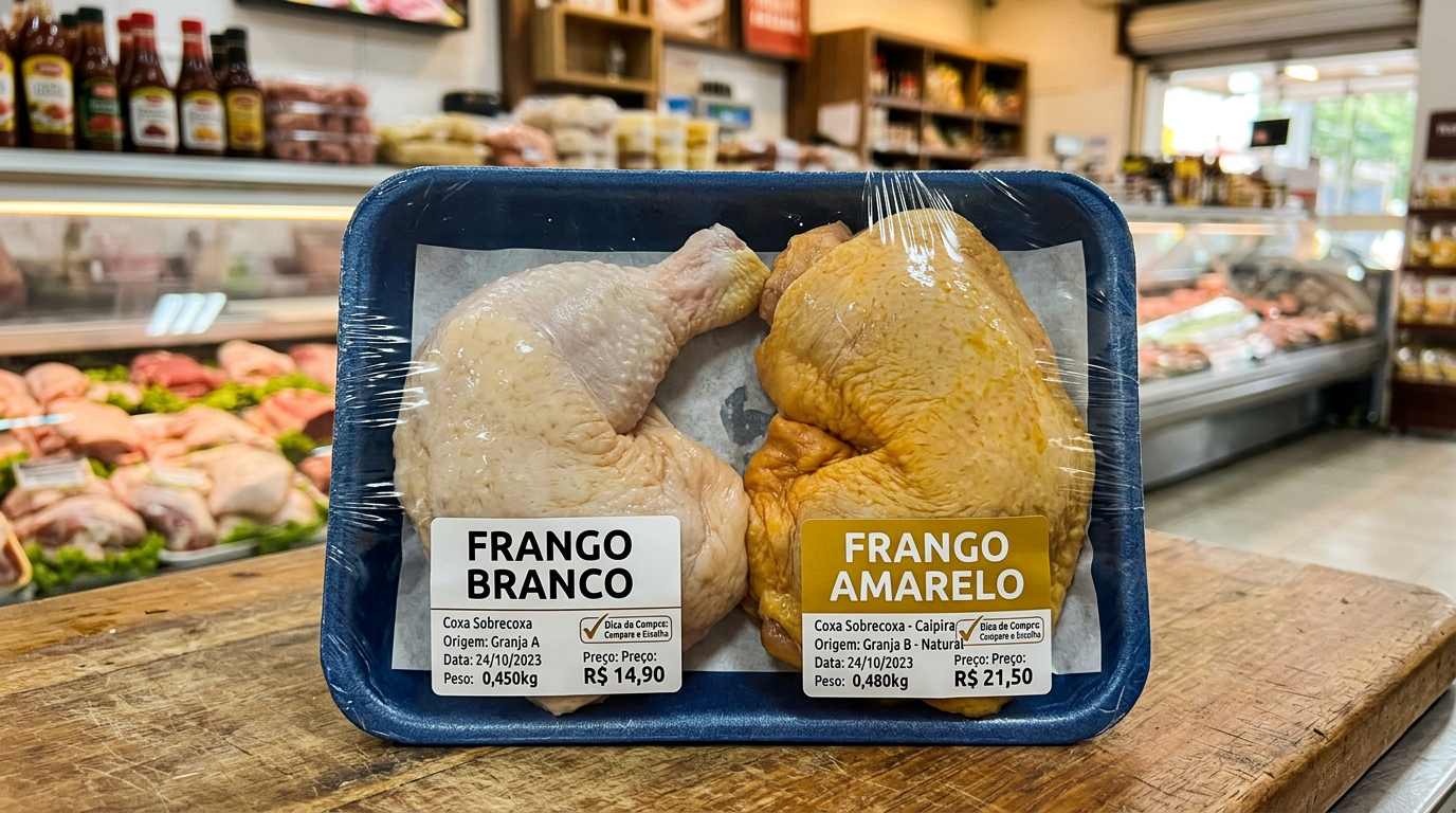 O frango amarelo ganhou fama de produto mais natural, mas essa associação nem sempre corresponde ao que está na embalagem.