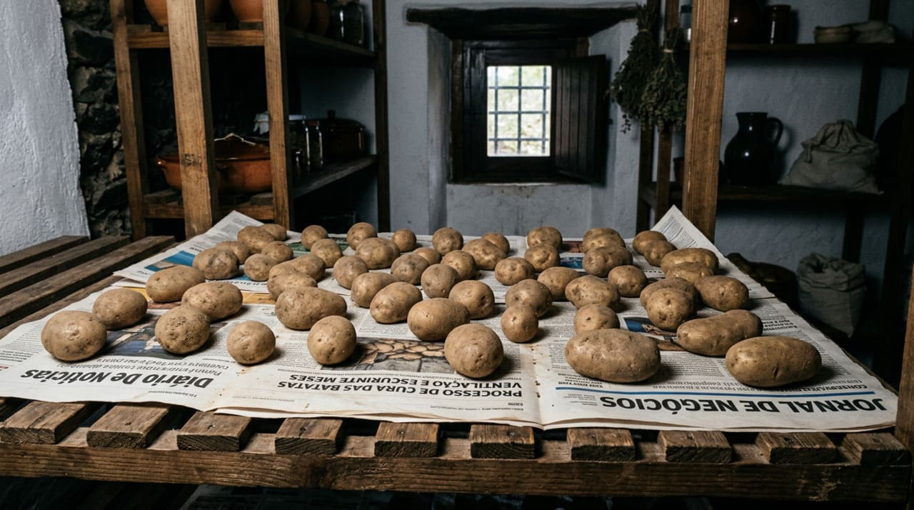 O processo de cura das batatas consiste em espalhá-las sobre papel escuro ou jornal