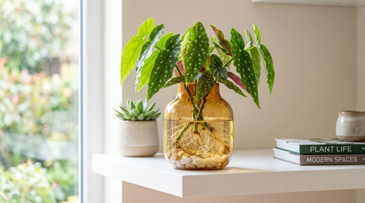 A begônia surpreende quando cultivada em água pela velocidade com que desenvolve raízes fibrosas e pela manutenção das flores por períodos prolongados.