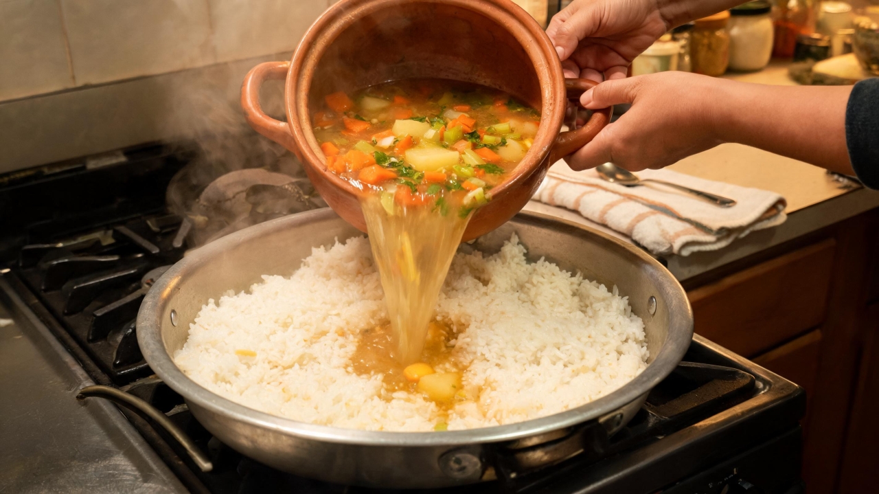 Caldo substitui a água e transforma o sabor do arroz
