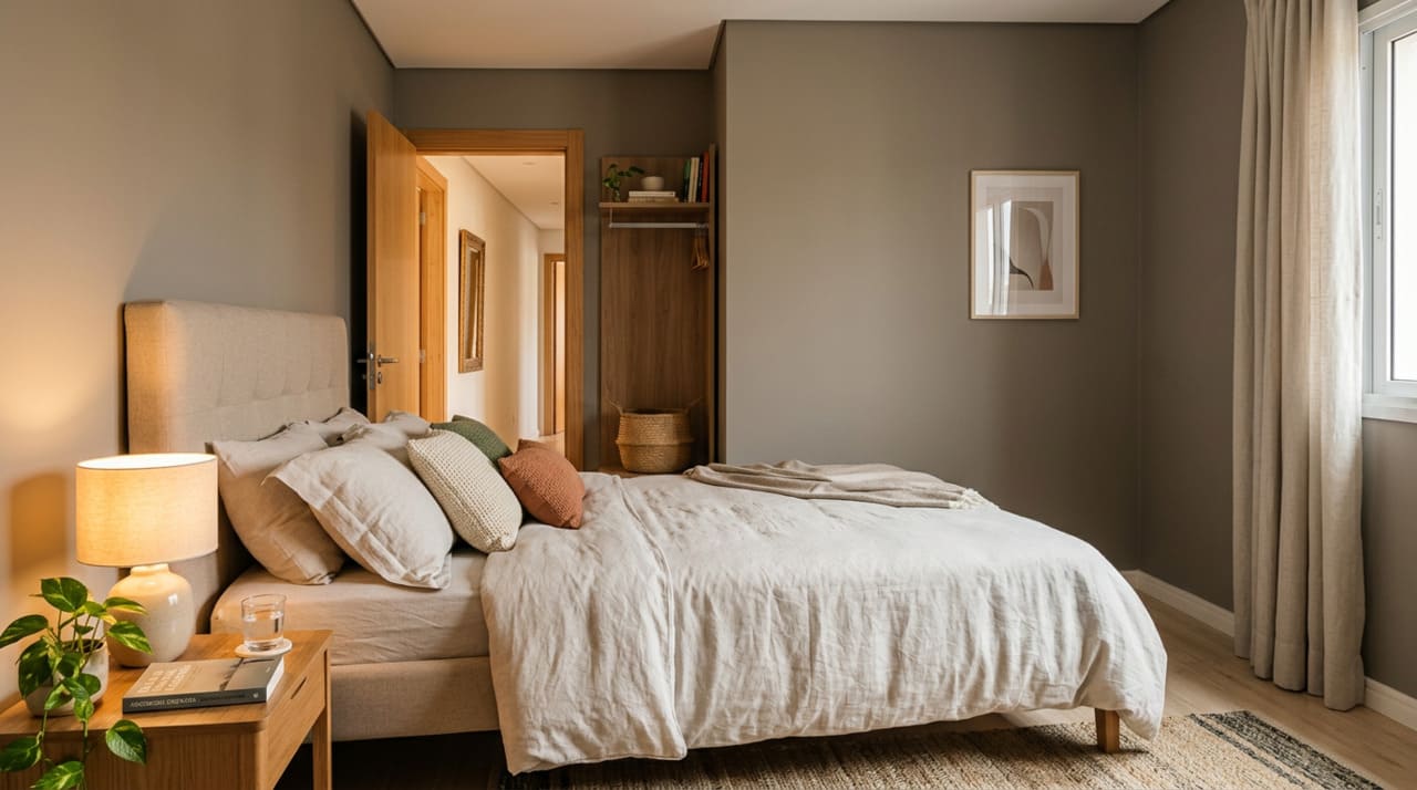Uma das orientações mais citadas no feng shui para o quarto é manter a cabeceira apoiada em uma parede sólida, criando sensação de estabilidade para cabeça e costas.