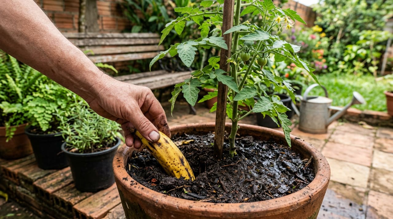 A casca de banana é rica em potássio, que estimula flores, frutos e resistência à seca, além de cálcio, que fortalece caules e folhas, e fósforo, importante para raízes bem formadas.