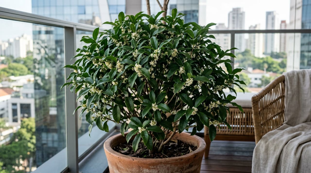 No solo, o Osmanthus fragrans pode atingir entre 3 e 6 metros de altura.