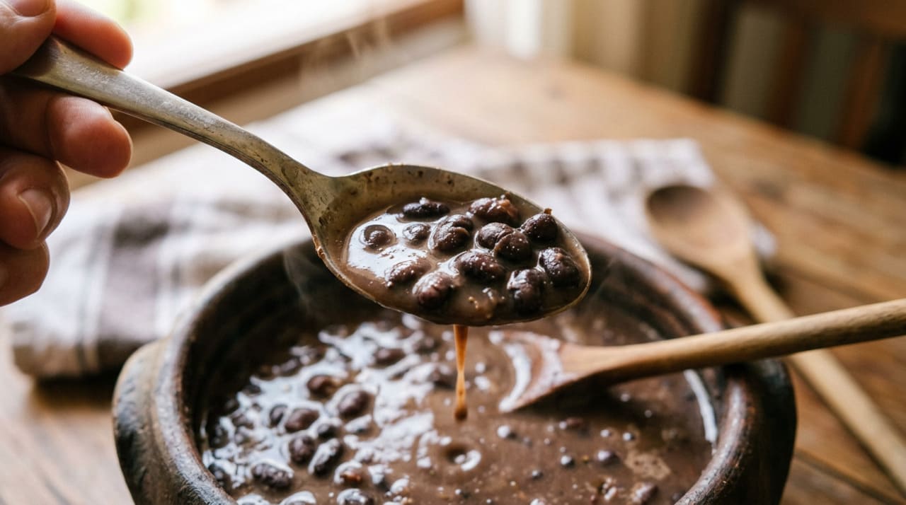A cremosidade do feijão depende de três fatores: grãos bem cozidos, amido solto no caldo e gordura bem integrada ao líquido.