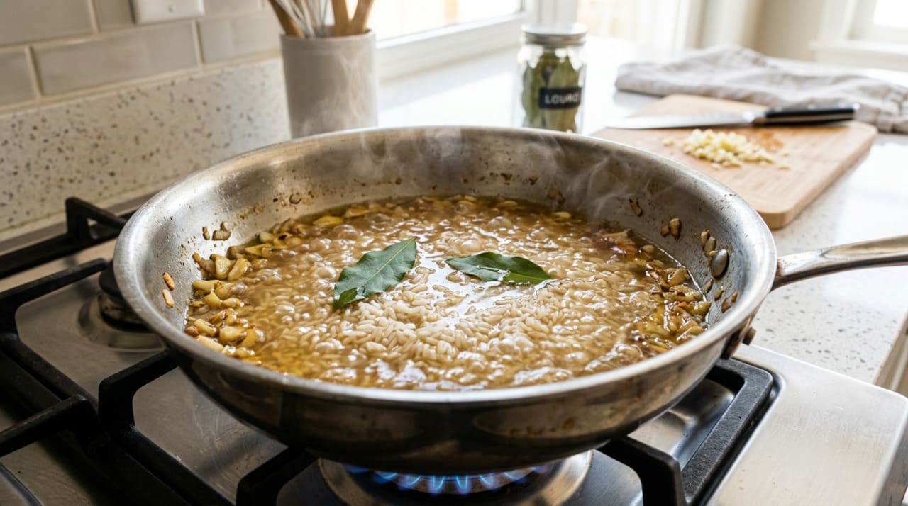 O alho precisa ser refogado com cuidado antes de receber o arroz.