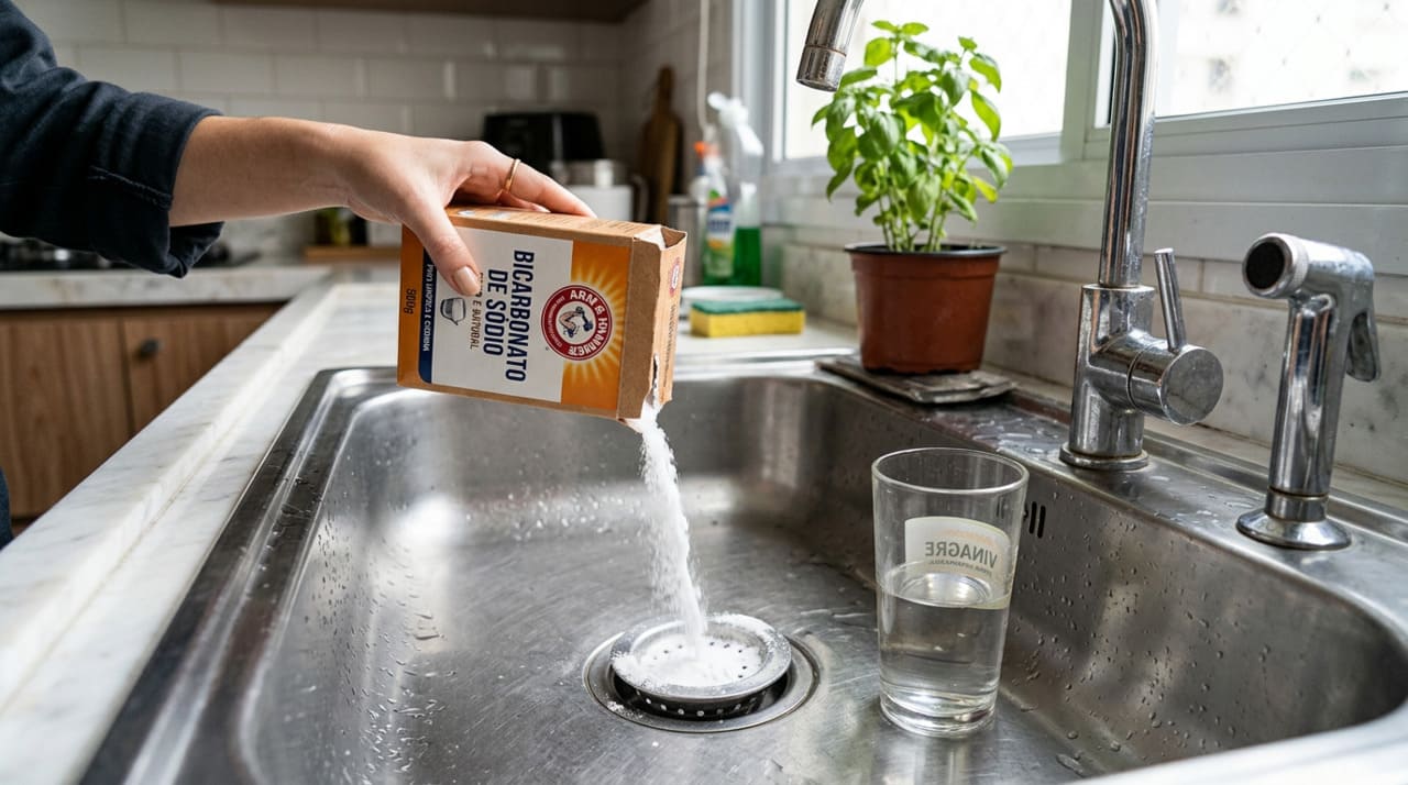 O bicarbonato de sódio é um sal levemente alcalino que reage com substâncias ácidas que descem pela pia, como restos de alimentos, molhos e bebidas.