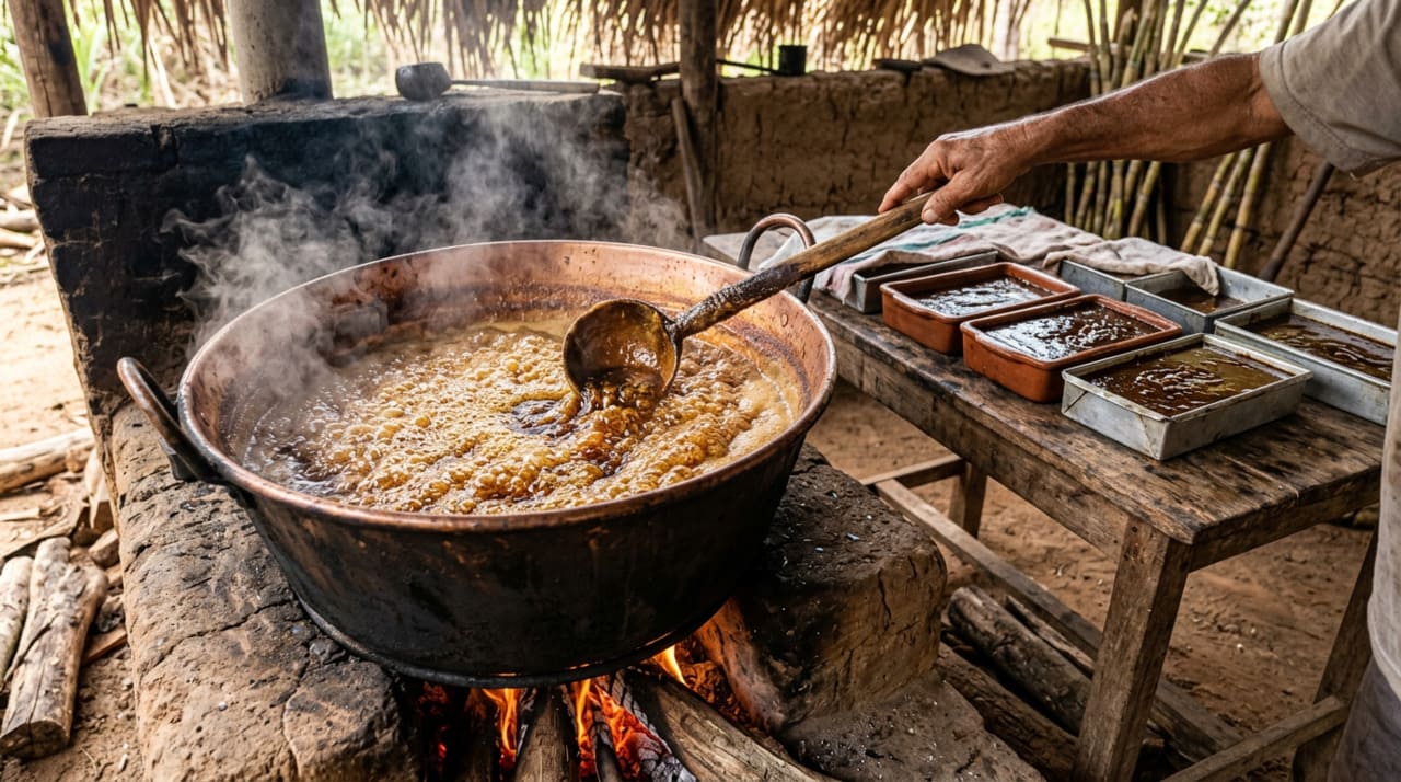 A produção começa com a moagem da cana-de-açúcar fresca para extrair o caldo.