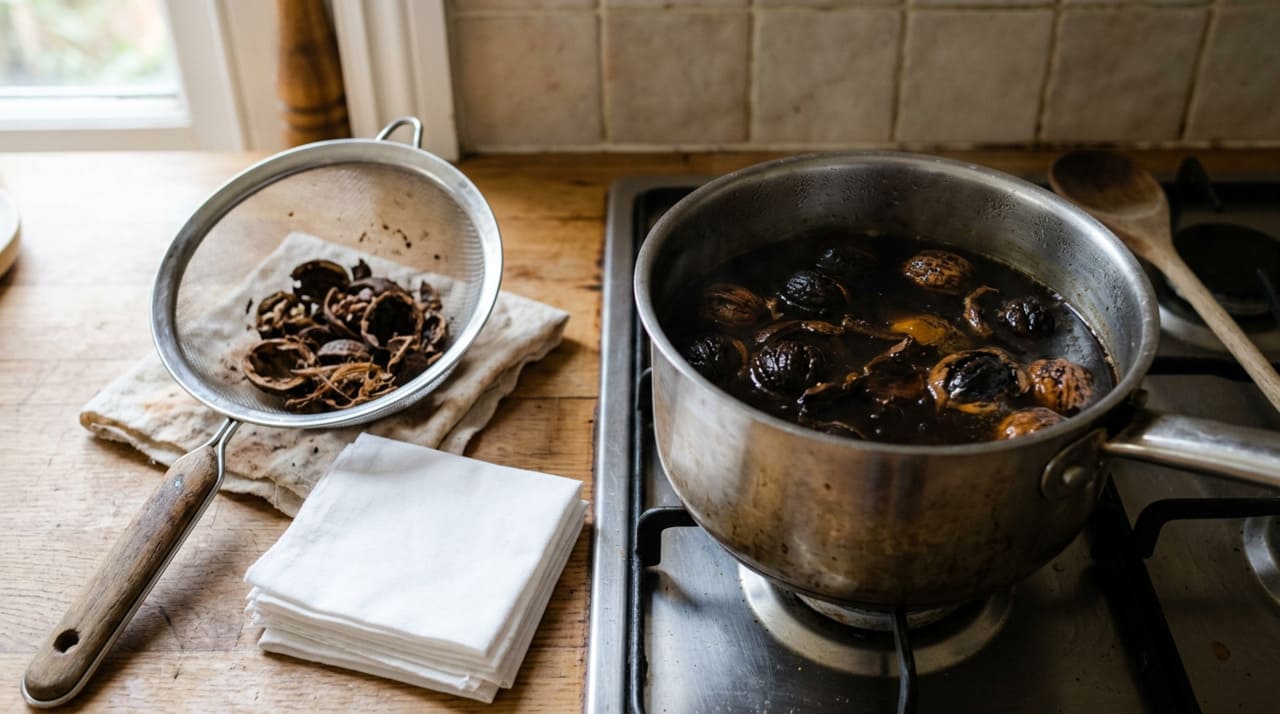 O preparo começa com cascas de noz limpas e água