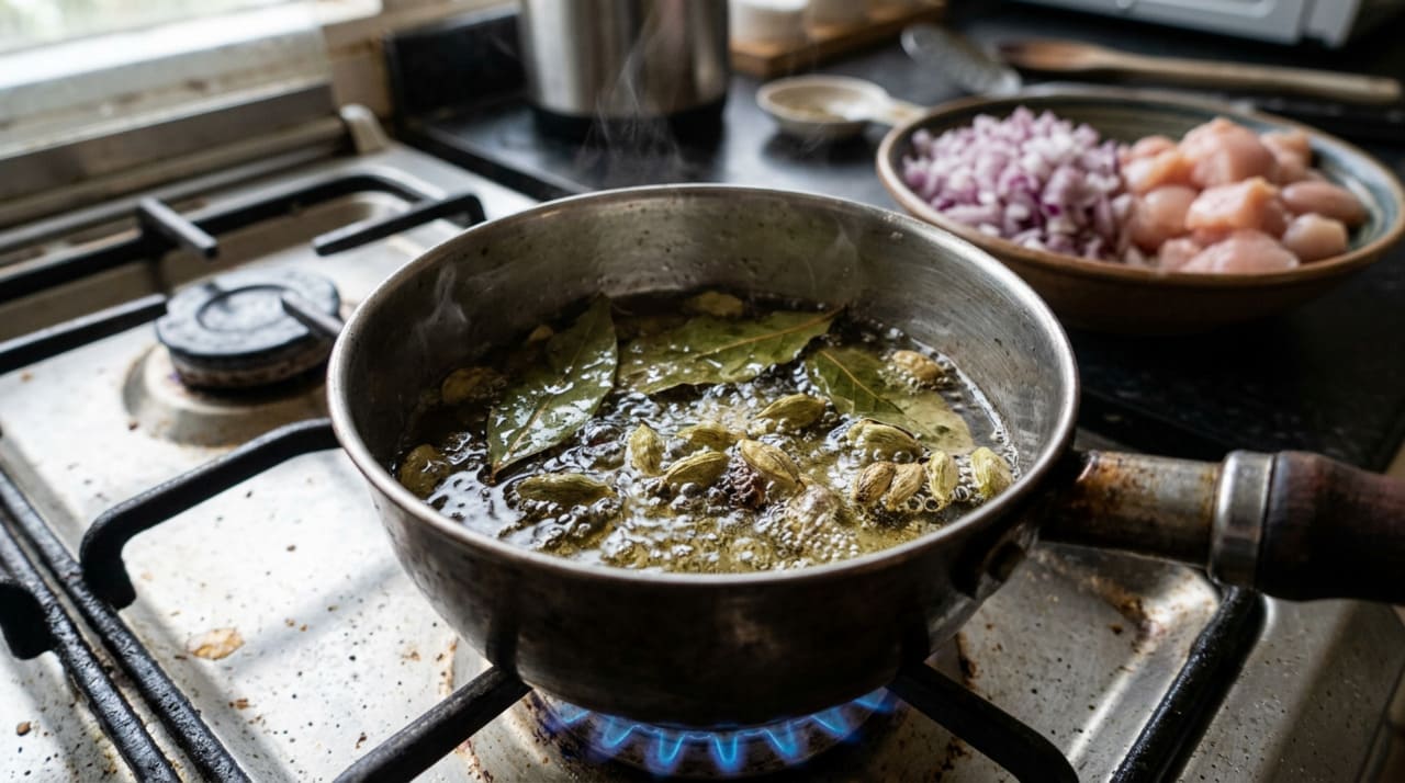 O calor extrai óleos essenciais da folha de louro e do cardamomo inteiro.