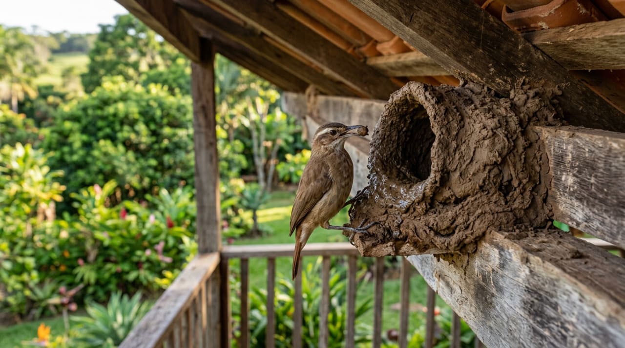 Um ninho de joão-de-barro perto de casa pode indicar que o entorno tem elementos favoráveis para aves urbanas e rurais.