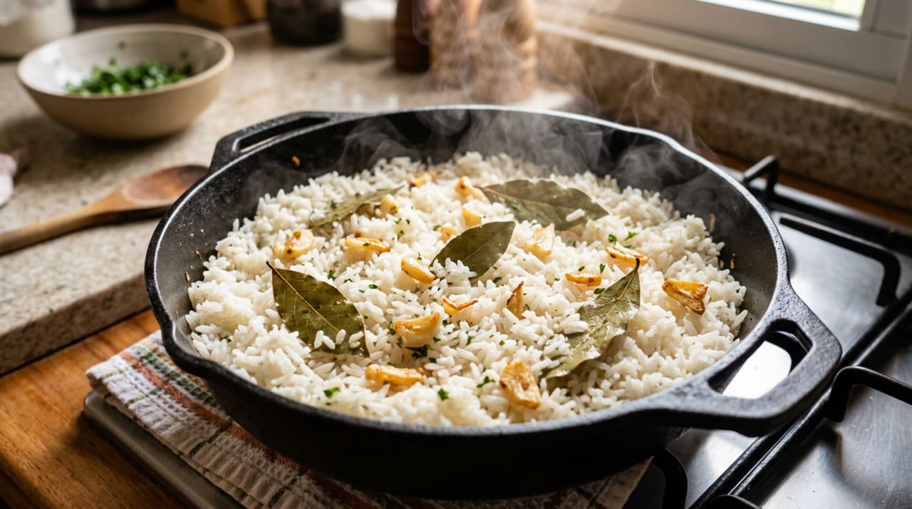 O alho precisa ser refogado com cuidado antes de receber o arroz.