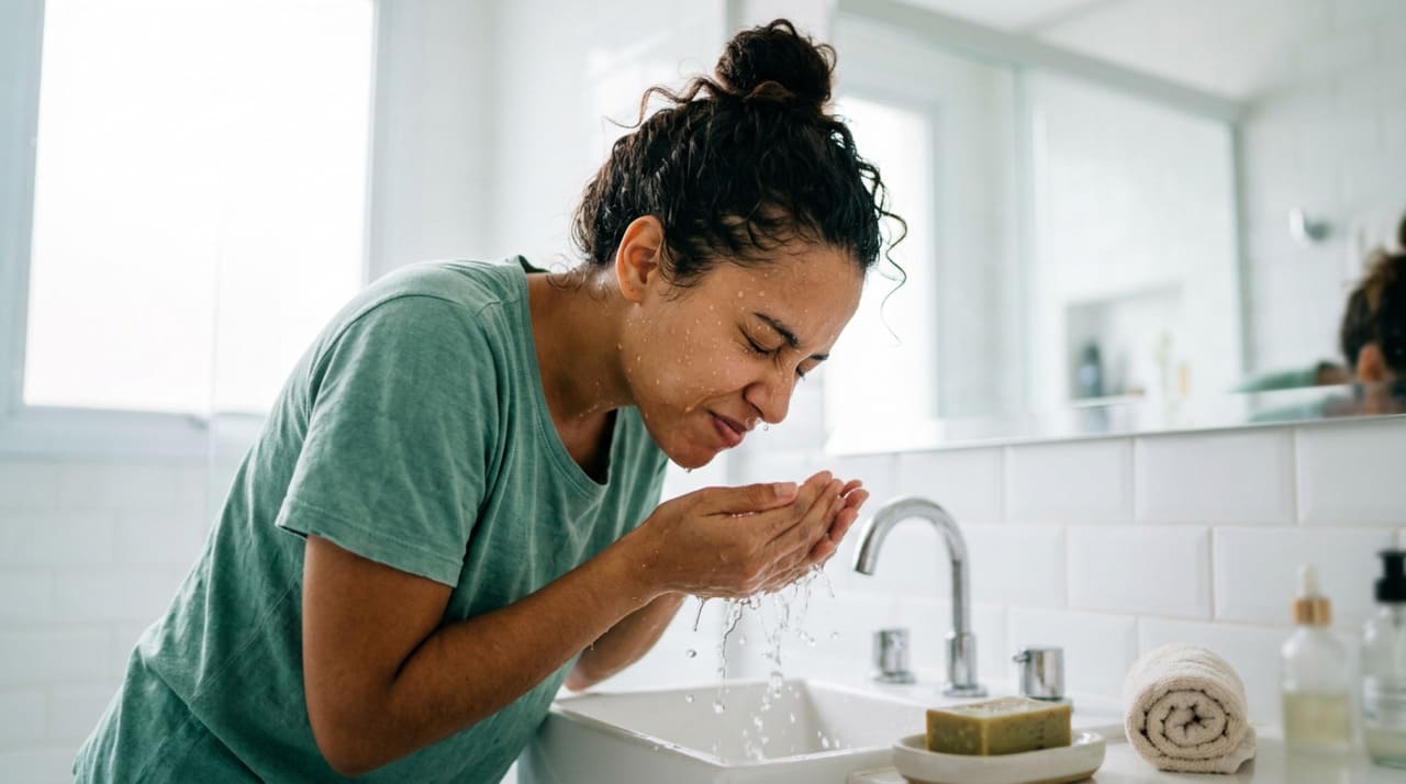 A limpeza matinal com temperaturas baixas promove um choque térmico necessário para reduzir a produção sebácea exagerada durante o sono profundo.